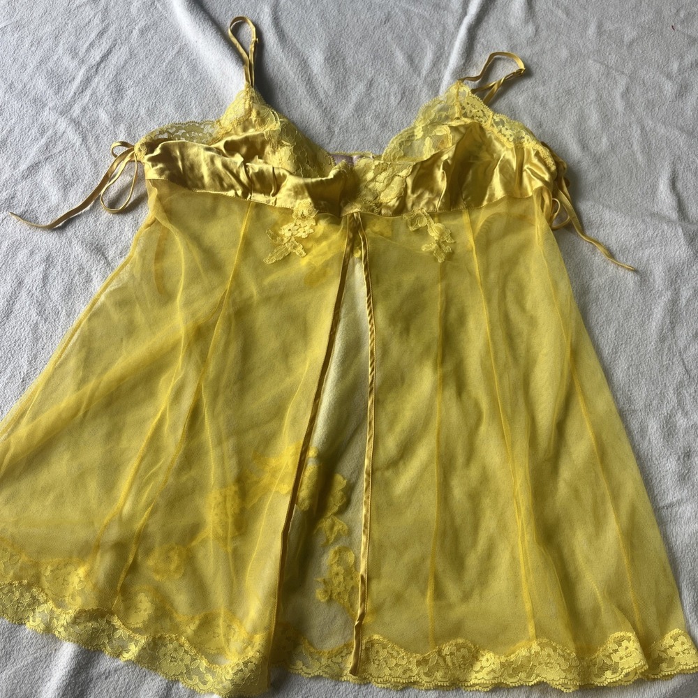 Y2K Victoria's Secret Chemise Nightie Size Lg Yellow Silk /Nylon Mesh Open Front